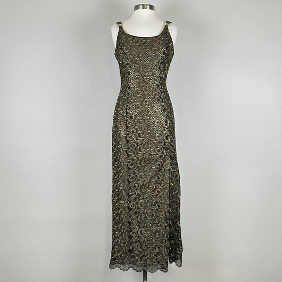 Dress Gown M Fairy Grunge Whimsigoth Glam Wedding Floral Embroidered Gold Sequin - Picture 1 of 12